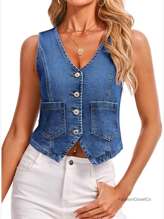 Jackets & Blazers - Sleeveless Denim Vest with Pockets Button Down Crop Top Women